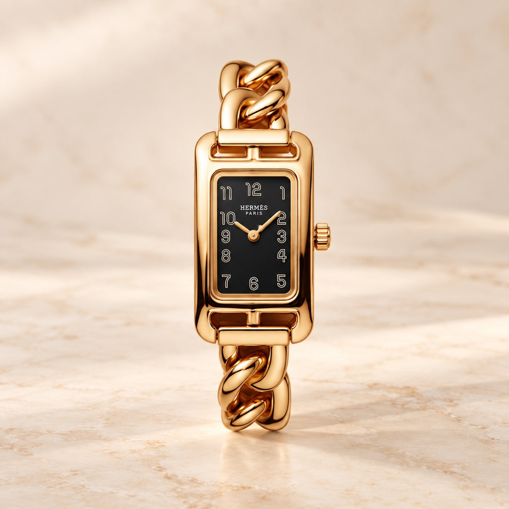 Chain link rectangular watch with black dial