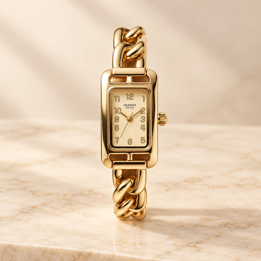 Chain link rectangular watch with champagne dial