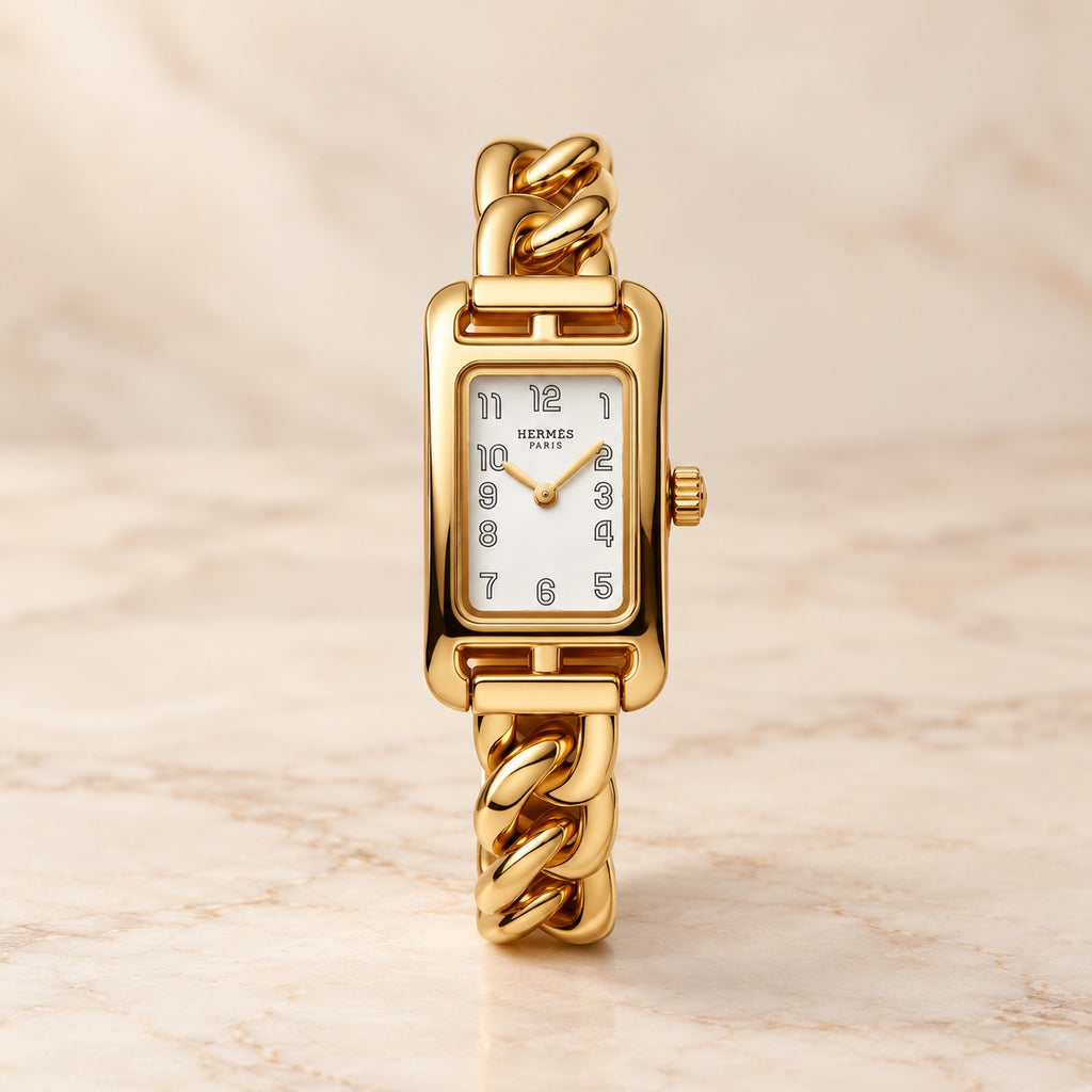 Chain link rectangular watch with ivory dial