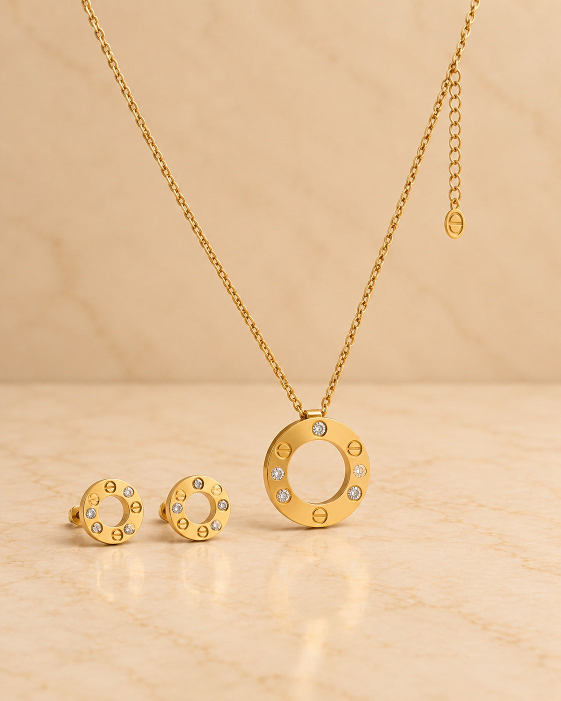 Gold crystal circle necklace and earrings set