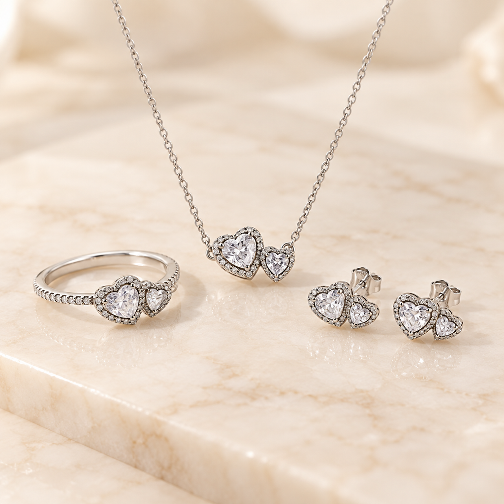 Crystal double heart 925 silver set