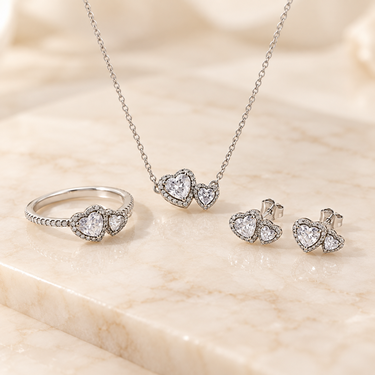 Crystal double heart 925 silver set