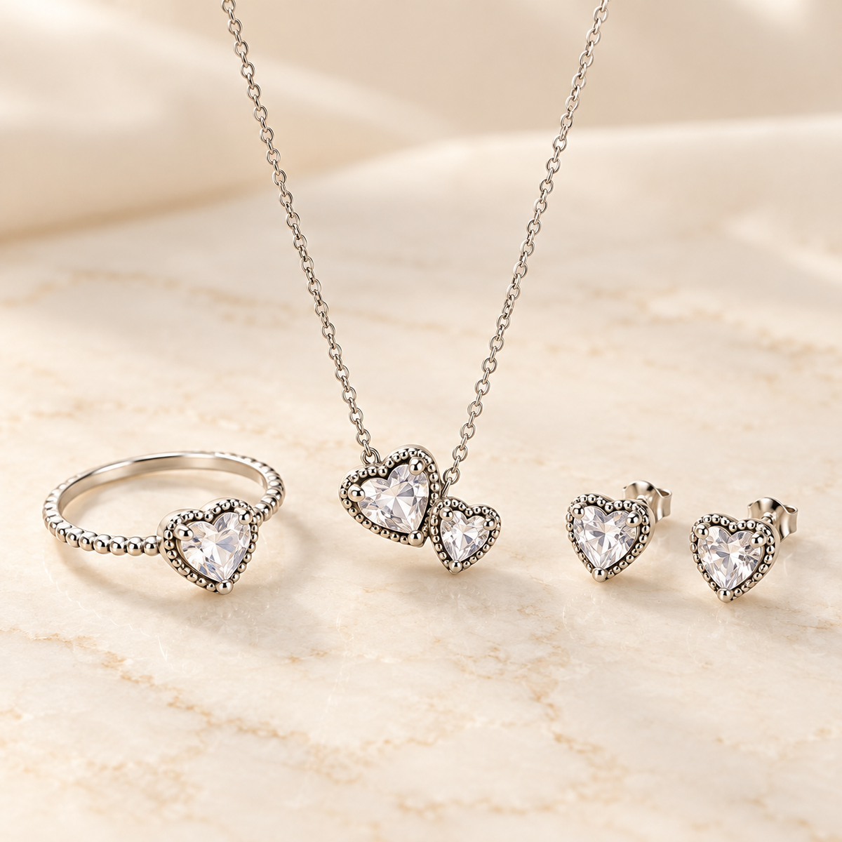 Crystal heart bow genuine 925 silver set