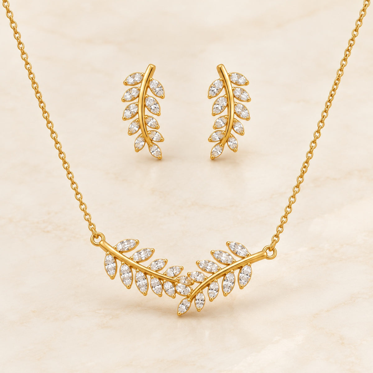 Gold crystal laurel jewelry set