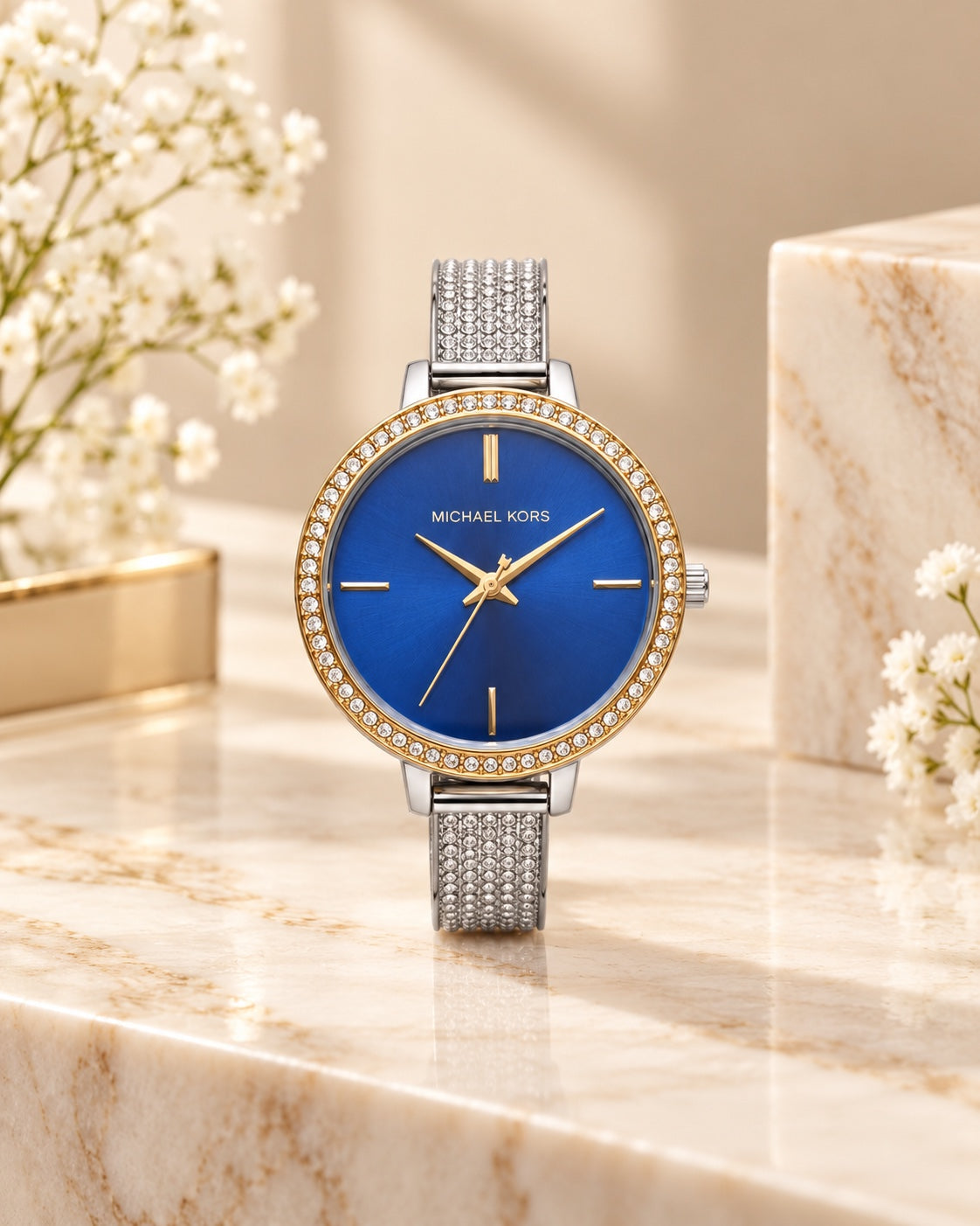 Blue dial crystal mesh watch