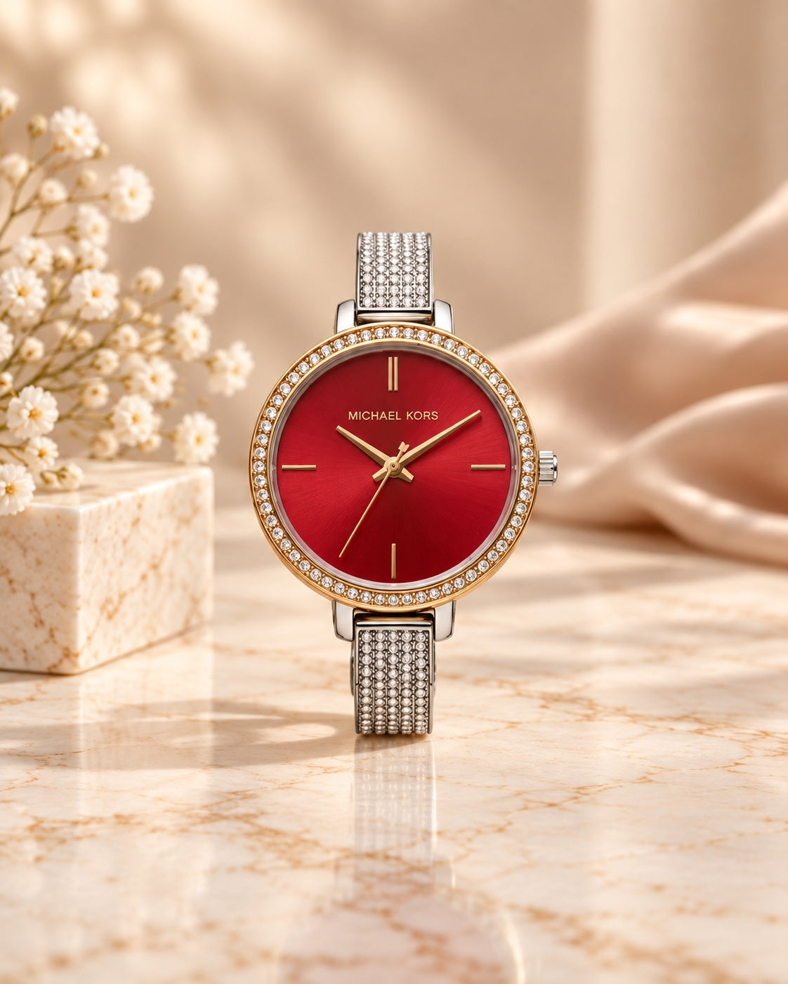 Red dial crystal mesh watch