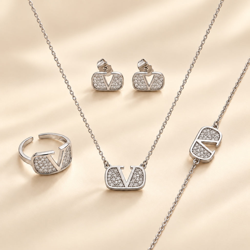 Silver crystal signature jewelry set