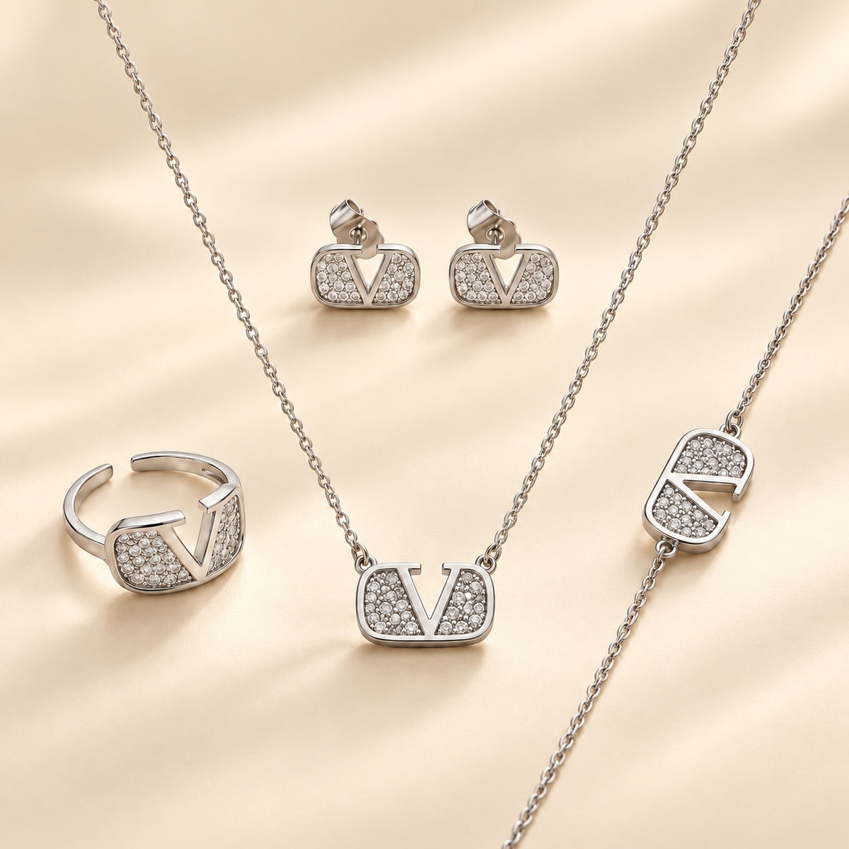 Silver crystal signature jewelry set