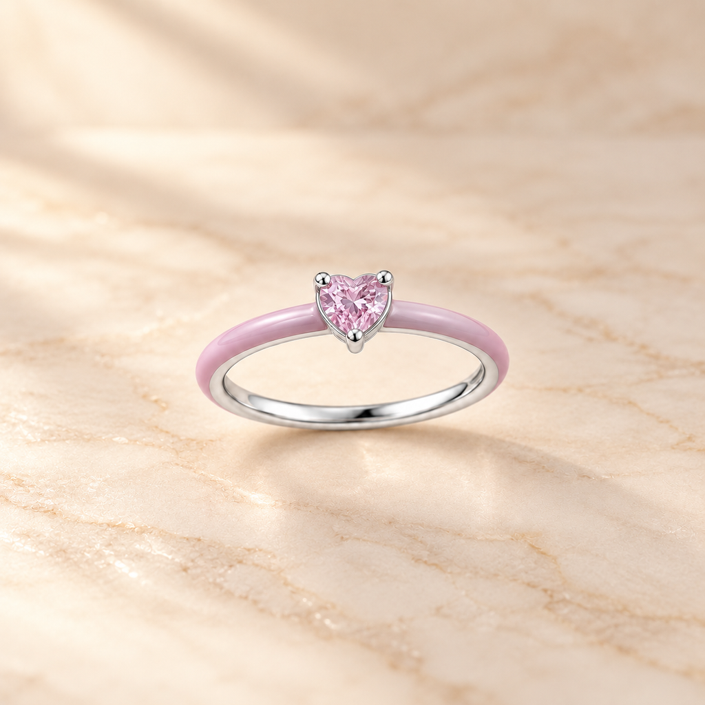 Pink Enamel Heart Ring on beige background