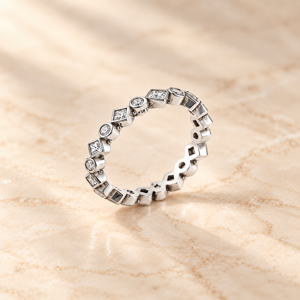 Geometric Eternity Ring on beige background
