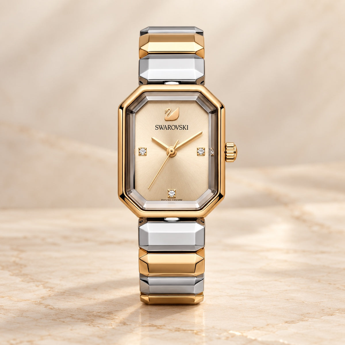 Geometric crystal watch two tone finish with champagne dial