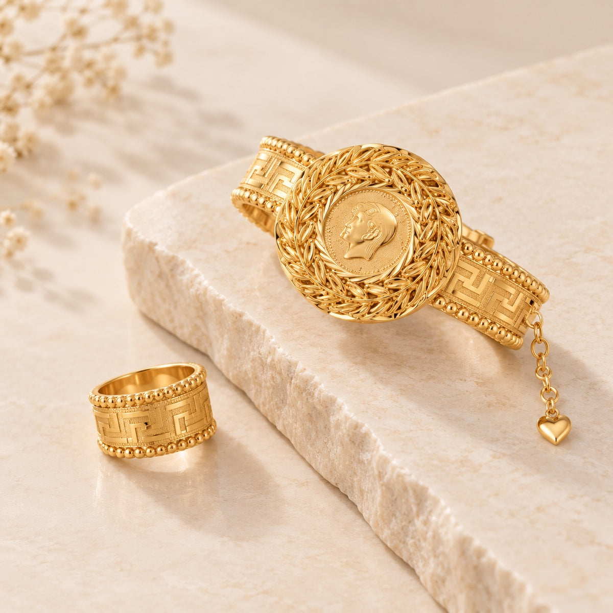 Gold-plated bracelet and ring set