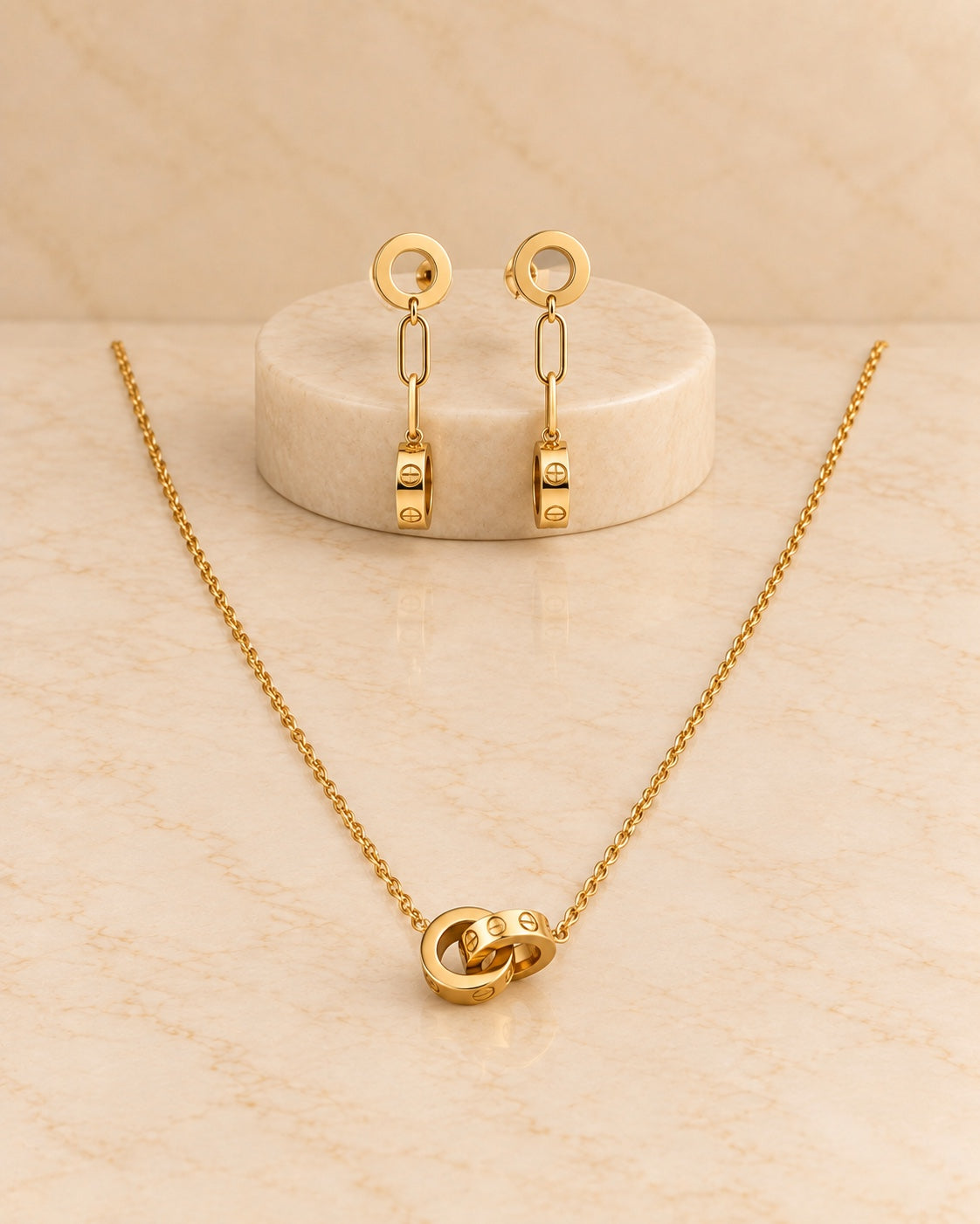 Gold link necklace and earrings set