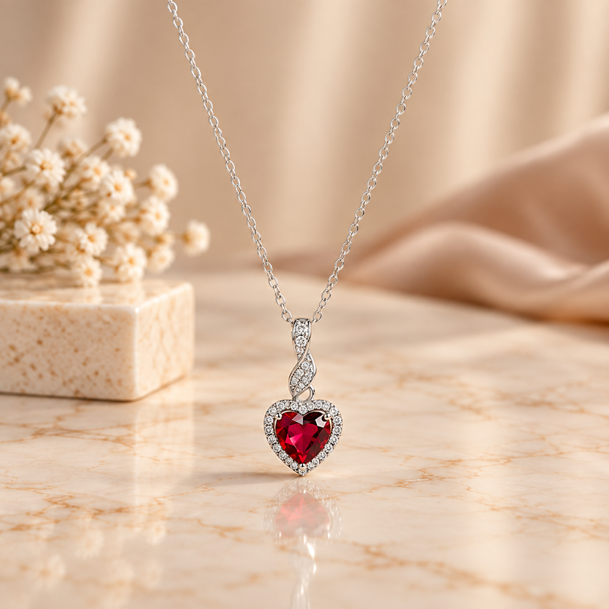 Ornate ruby heart 925 silver necklace