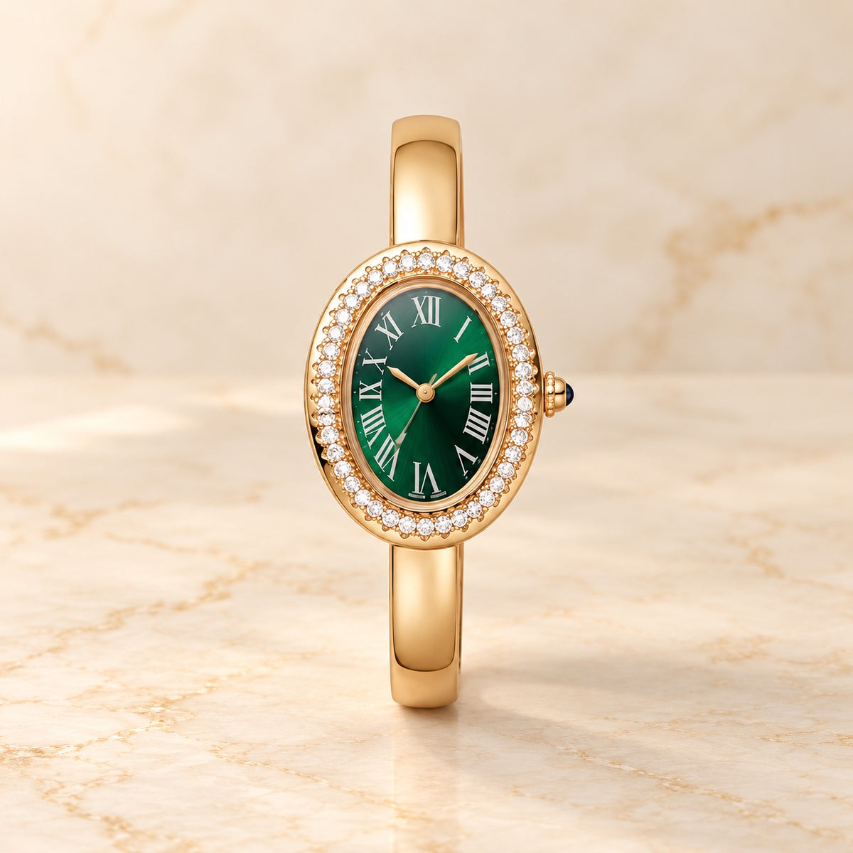 Oval crystal watch emerald green dial