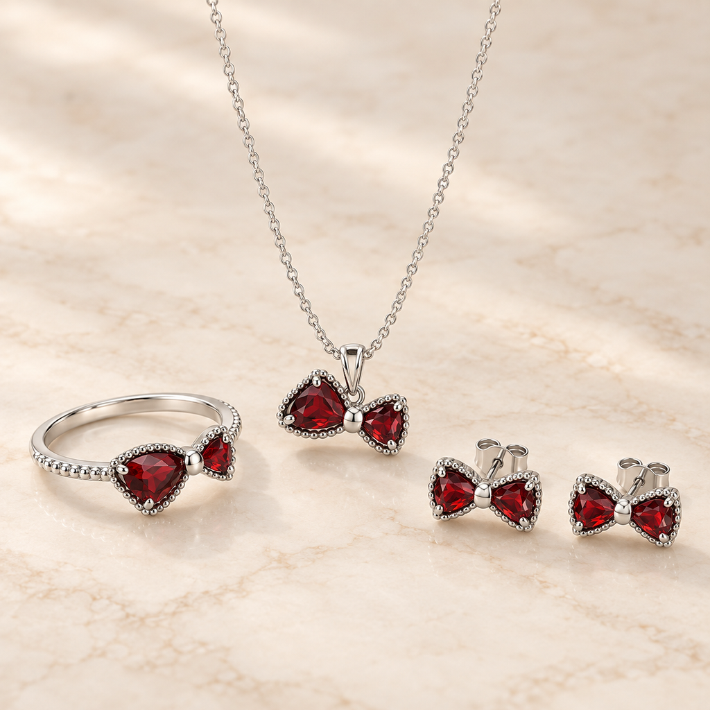 Ruby red bow 925 silver set