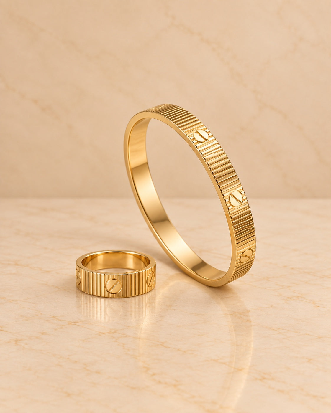 Gold ribbed bracelet and ring set