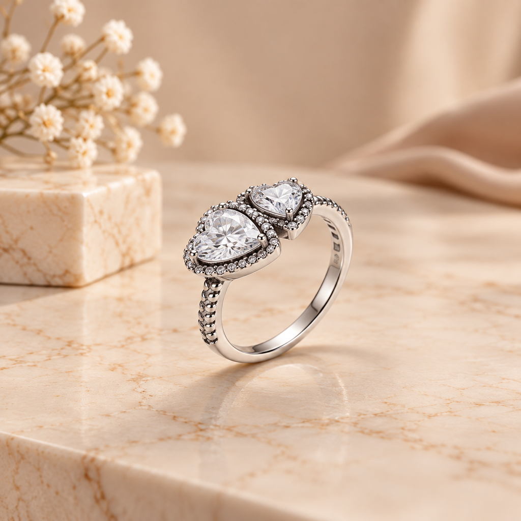 Crystal double heart 925 silver ring