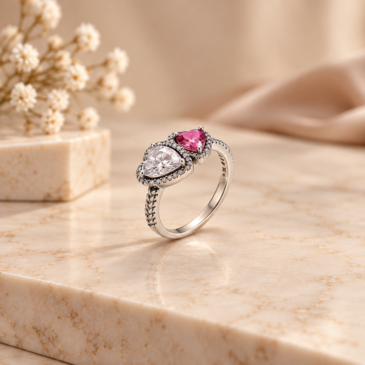 Blush pink double heart 925 silver ring