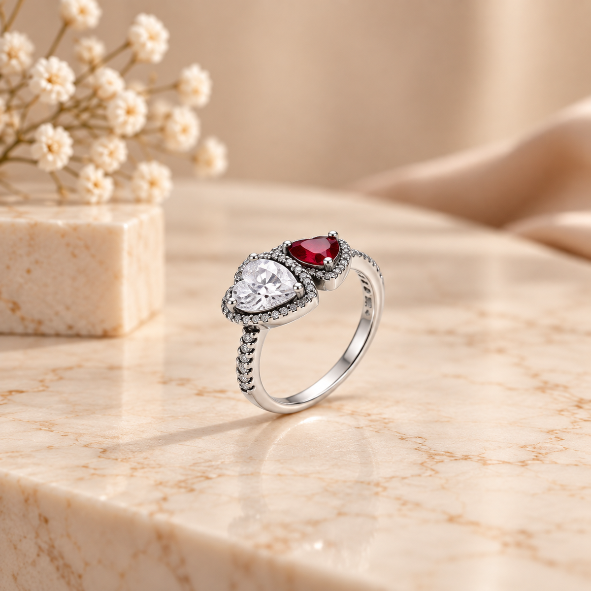 Ruby red double heart 925 silver ring