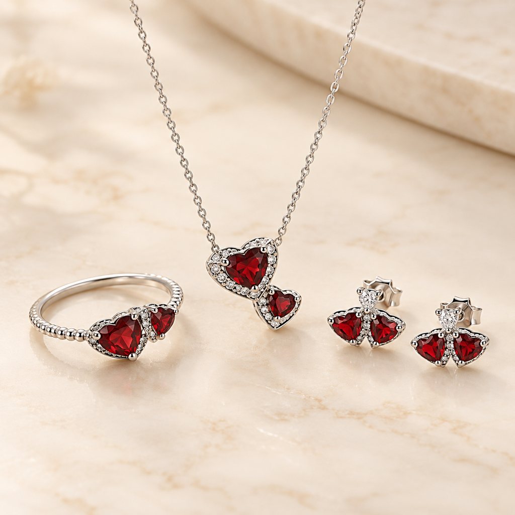 Ruby red double heart 925 silver set