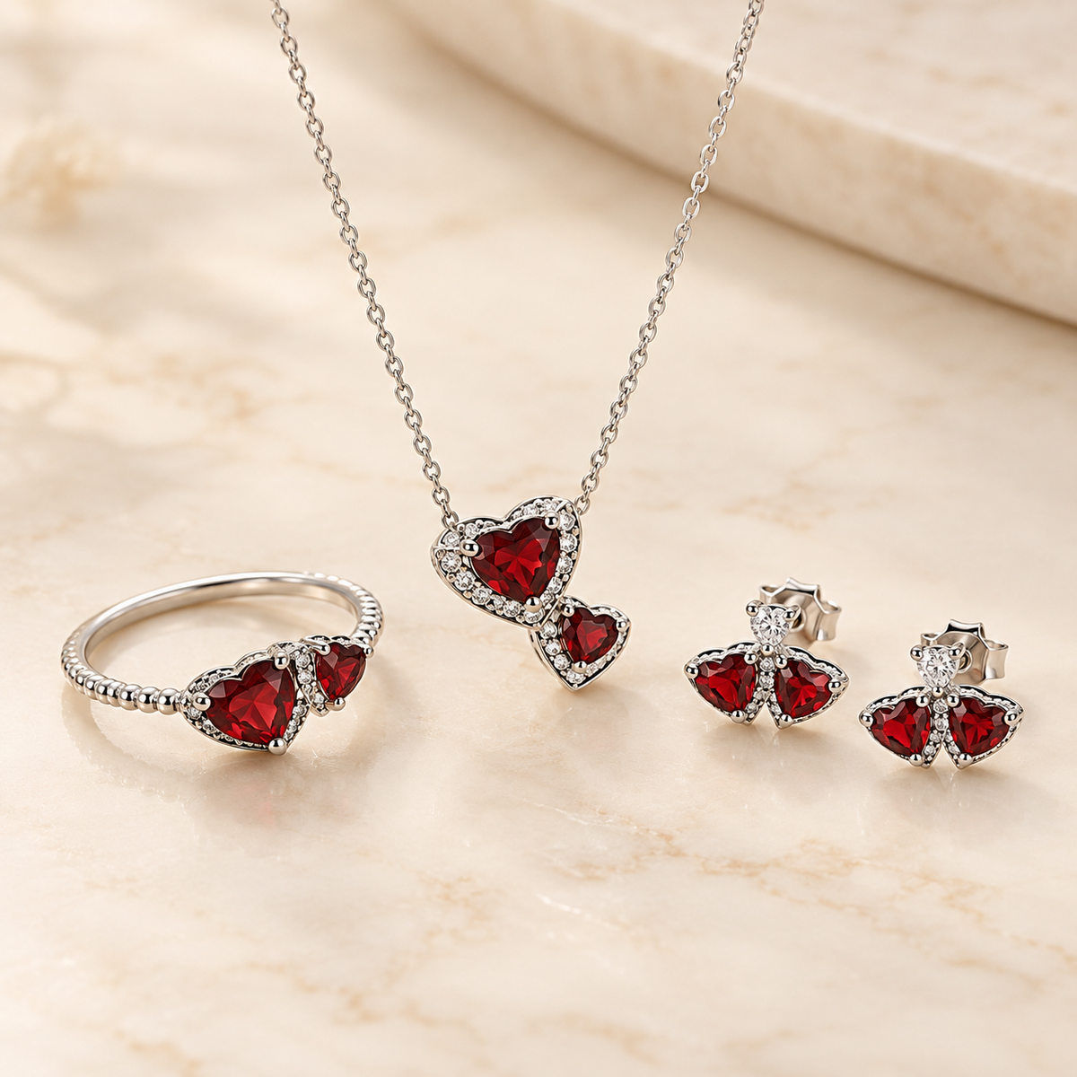 Ruby red double heart 925 silver set
