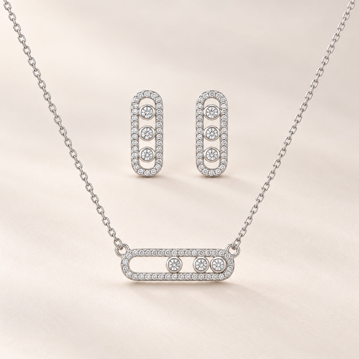 Silver three crystal slider jewelry set
