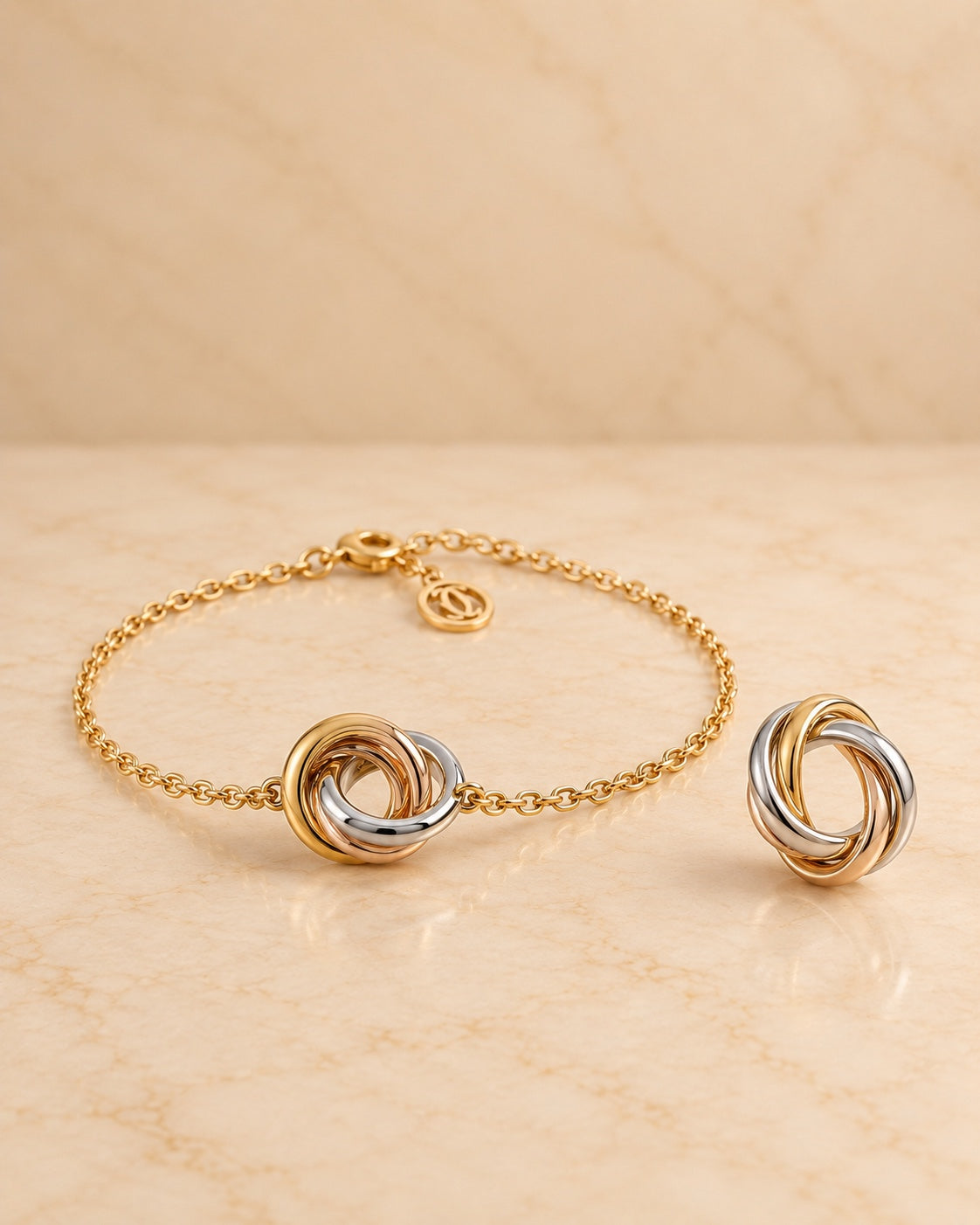 Tri-color knot bracelet and ring set