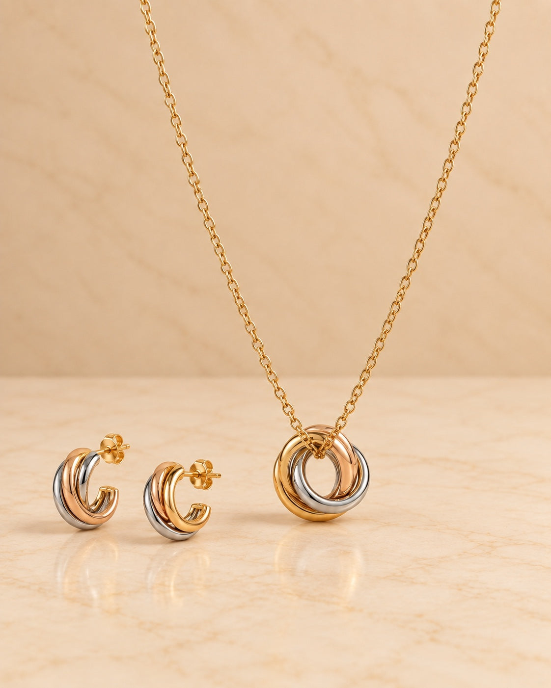 Tri-color knot necklace and earrings set